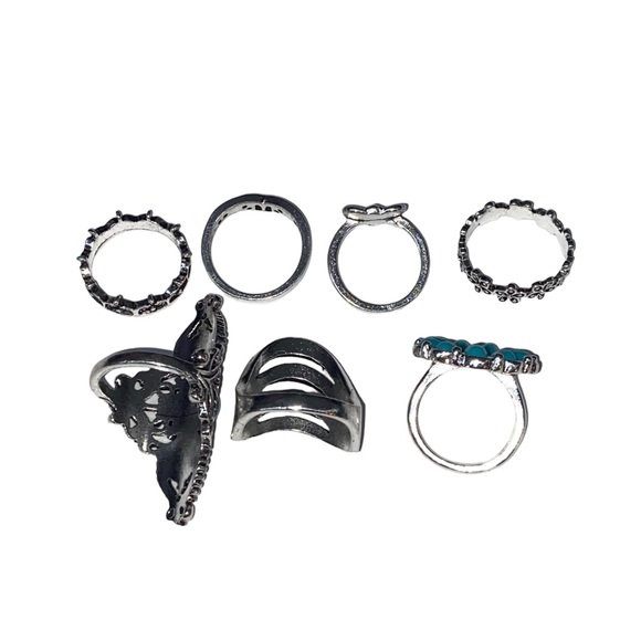 ✨NEW✨ Boho Turquoise Silver Tone Bohemian Ring Set (7pc) - Picture 3 of 4